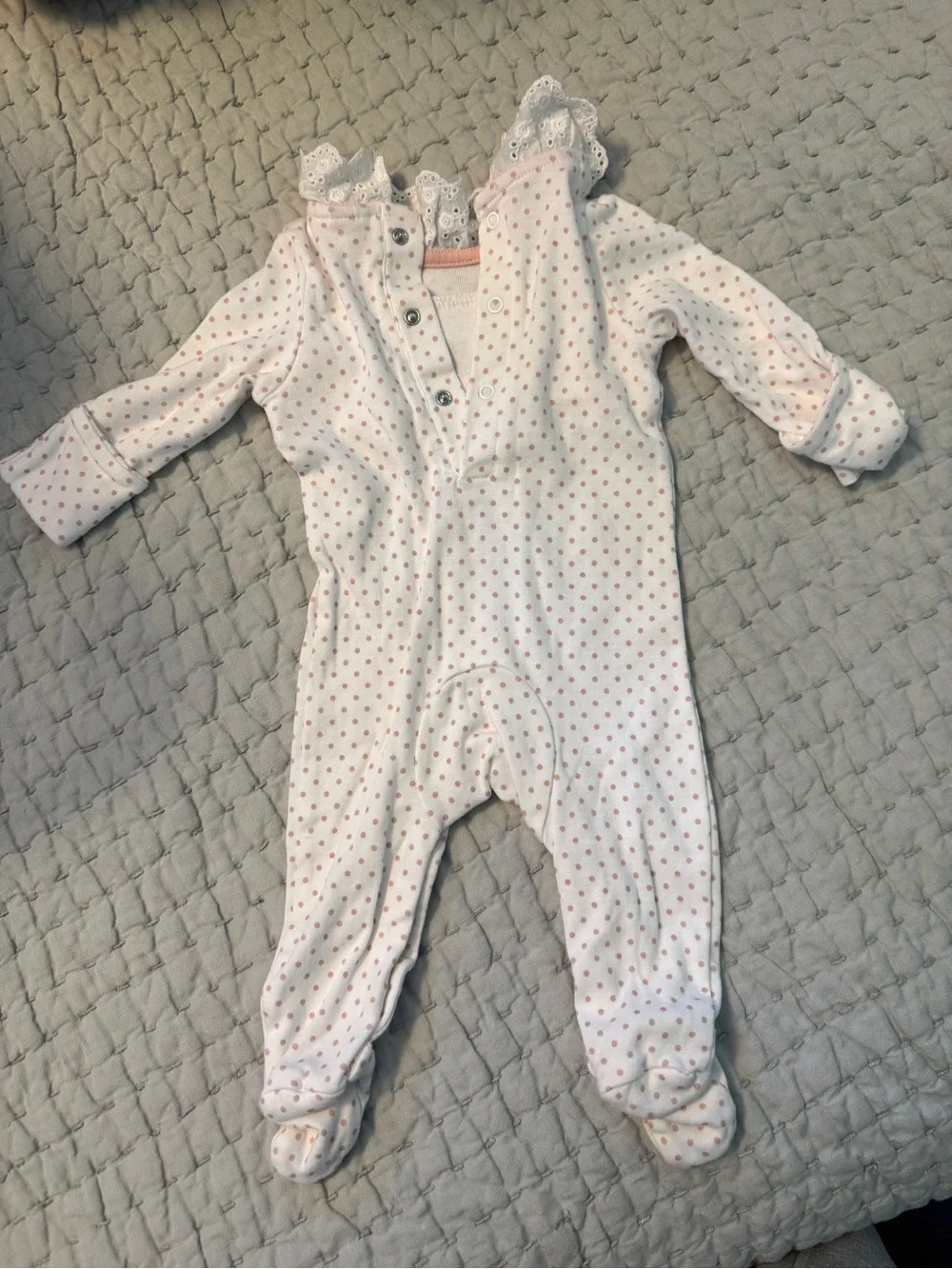Mini Boden White and Pink Polka Dot Smocked Bunny Footie 0-3M